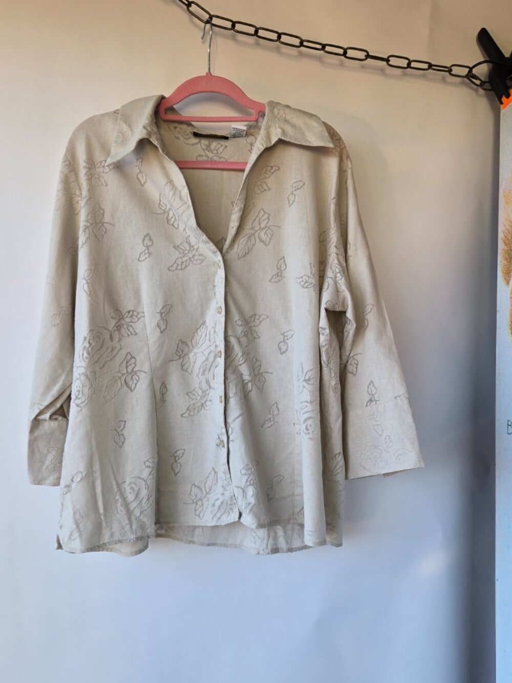 Harve Benard Oatmeal Linen Blend Rose Blouse Boho Cottage Office Casual Size 2X - Picture 2 of 9